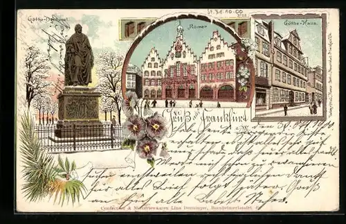 Winter-Lithographie Frankfurt, Göthe-Denkmal, Römer, Göthe-Haus