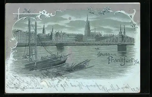 Mondschein-Lithographie Frankfurt a. M., Die Stadt vom Wasser aus gesehen
