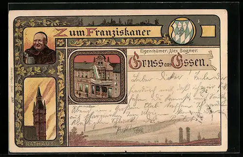 Lithographie Essen, Gasthaus Zum Franziskaner, Rathaus, Mönch mit Bierkrug