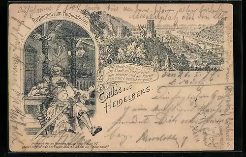 Lithographie Heidelberg, Restaurant zum Rodensteiner, Ortspanorama