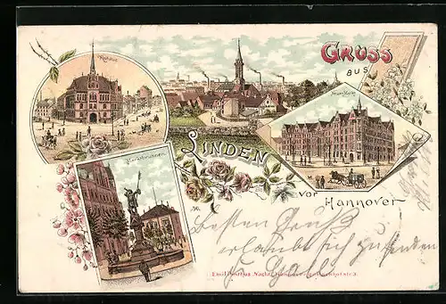 Lithographie Linden, Marktbrunnen, Rathaus, Neuer Markt und Ortspanorama