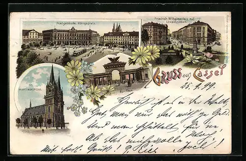 Lithographie Cassel, St. Martinskirche u. Friedrich-Wilhelmsplatz m. Löwenbrunnen