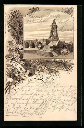 Lithographie Kyffhäuser, Kaiser Wilhelm Denkmal, Kiefern- und Eichenzweige