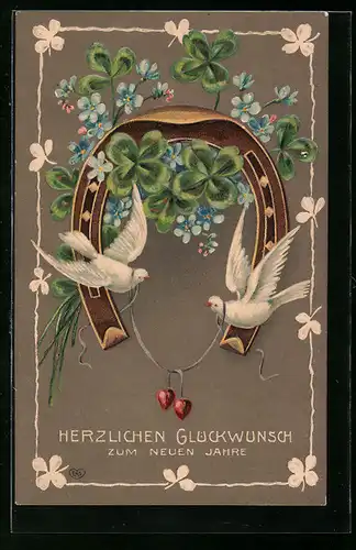 AK Hufeisen mit Kleeblättern und Tauben