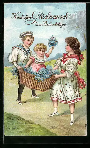 AK Junge und Mädchen tragen kleines Kind im Korb voller Vergissmeinnicht