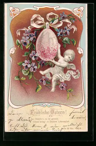 AK Osterengel zu Ostern mit Osterei, Veilchen