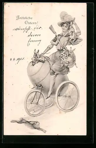 AK Dame voll bepackt mit Osterhasen auf dem Rad