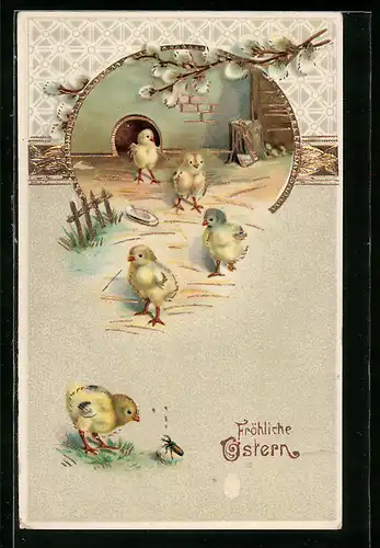 AK Osterküken im Stall, Fröhliche Ostern