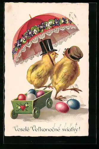 AK Flanierende Osterküken mit Schirm