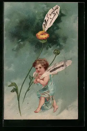 Präge-AK Engel hält eine Margeriten-Blüte in den Händen