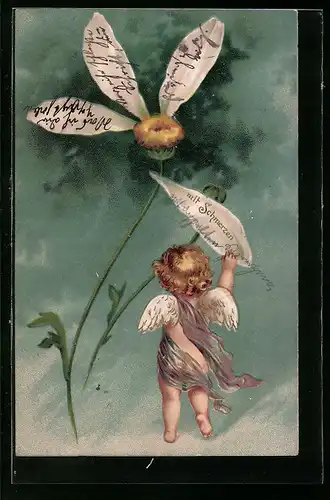 Präge-AK Engel hält eine Margeriten-Blüte in den Händen mit Schmerzen