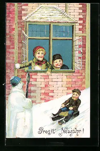 AK Junge auf dem Schlitten, Schneemann