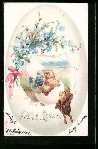 AK Osterküken reitet auf einem Osterhasen