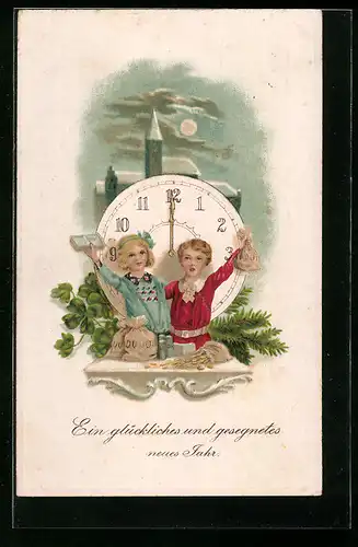 AK Kinder mit Geldsäcken und Uhr zu Mitternacht, Neujahr