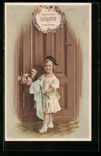Präge-AK Herzlichen Glückwunsch zum Geburtstage, Mädchen mit einem Blumenstrauss vor einer Tür stehend
