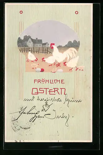 AK Hühner und Hahn mit Osterküken