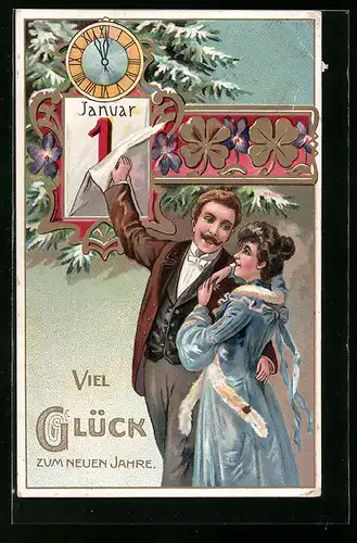 AK Viel Glück zum Neuen Jahre, Liebespaar reisst das Kalenderblatt ab