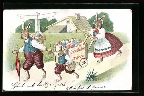 AK Osterhasen-Familie beim Eier Verstecken