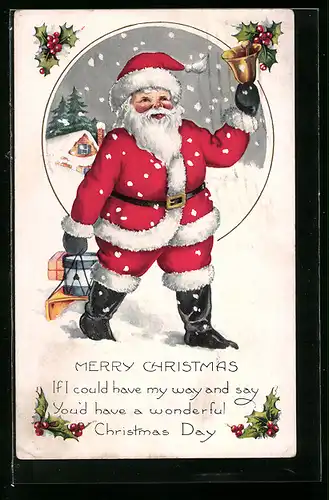 AK Weihnachtsmann mit läutender Glocke im Schnee