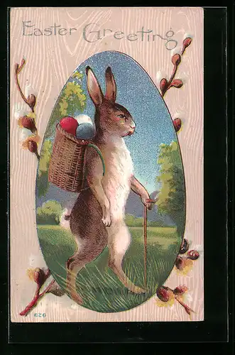 AK Osterhase mit Körbchen voller Ostereiern