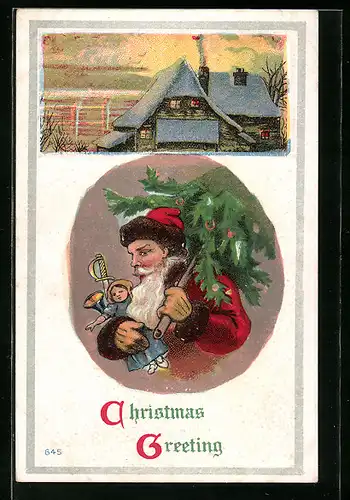Präge-AK Weihnachtsmann mit Spielzeug und Tanne, Hausansicht mit rauchendem Schornstein