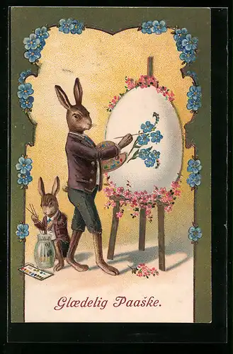 AK Osterhase bemalt ein Osterei