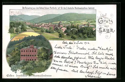 Lithographie Lahr, Ortsansicht und erstes deutsches Reichswaisenhaus