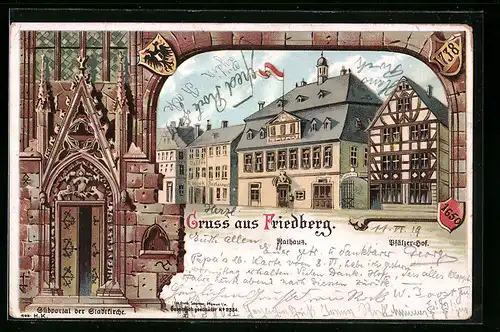 Lithographie Friedberg, Gasthaus Pfälzer Hof und Rathaus, Südportal der Stadtkirche