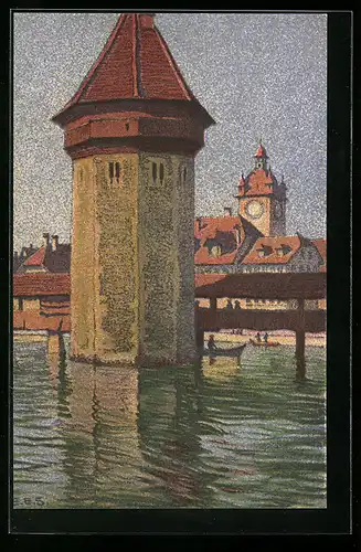 Künstler-AK Ernst E. Schlatter: Wasserturm mit dem Rathaus