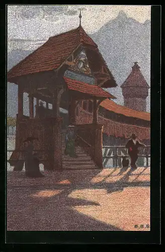 Künstler-AK Ernst E. Schlatter: Luzern, Kapellbrücke gegen den Pilatus