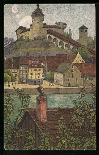 Künstler-AK Ernst E. Schlatter: Munot, Teilansicht von Feuerthalen aus