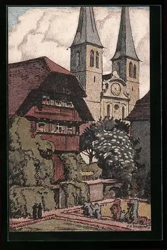 Künstler-AK Ernst E.Schlatter: Luzern, Hofkirche mit Kaplanenhaus