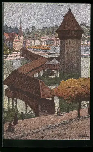 Künstler-AK Ernst E. Schlatter: Luzern, Kapellbrücke gegen Schweizerhofquai