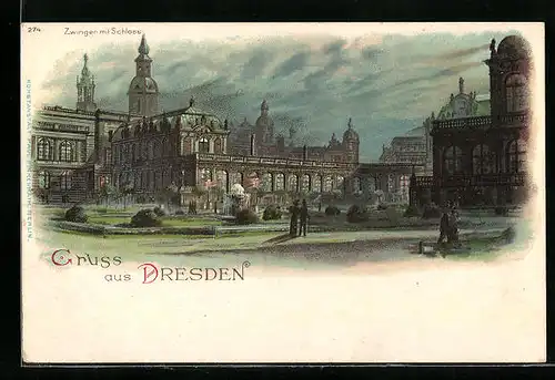 Lithographie Dresden, Zwinger mit Schloss