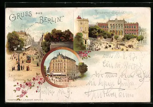 Lithographie Berlin, Grand-Hotel Bellevue, Potsdamer Bahnhof, Leipziger Strasse mit Strassenbahn