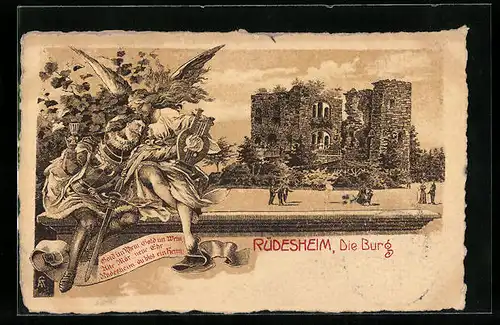 Lithographie Rüdesheim, Burgansicht, Engel und Ritter
