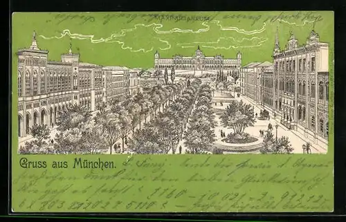 Lithographie München, Maximilianeum mit Anlagen aus der Vogelschau