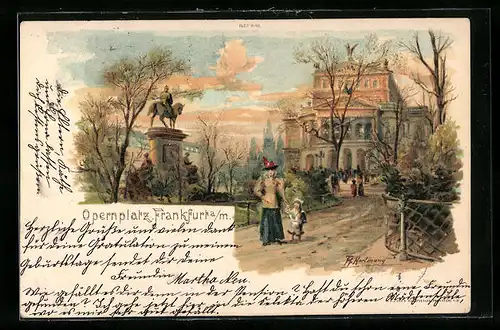 Lithographie Frankfurt, Ortspartie am Opernplatz, Mutter & Tochter
