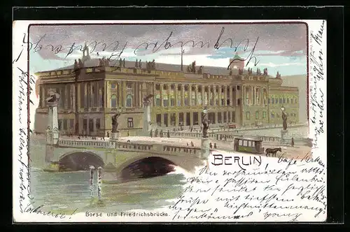 Lithographie Berlin, Börse, Burgstrasse und die Friedrichsbrücke