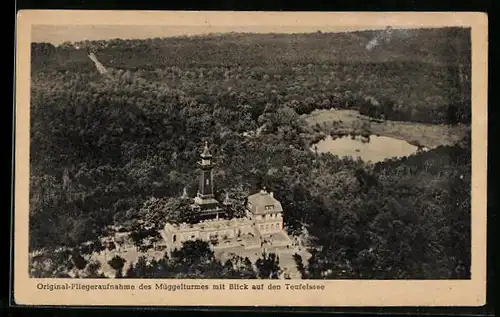 AK Berlin, Fliegeraufnahme des Müggelturmes mit Blick auf den Teufelsee