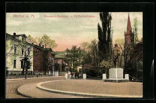 AK Höchst a. M., Bismarck-Denkmal und Feldbergstrasse