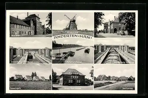AK Anderten b. Han, die Windmühle, Brauerei, Hindenburg-Schleuse, Häuser in der Lessingstrasse, Mittellandkanal