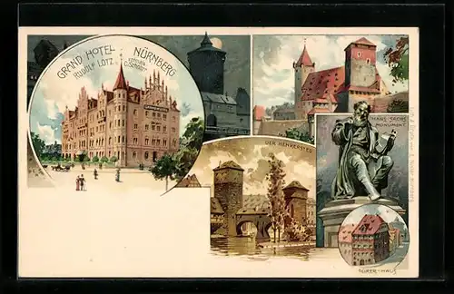 Lithographie Nürnberg, Grand Hotel Carl Schnorr, Henkersteg, Dürer-Haus