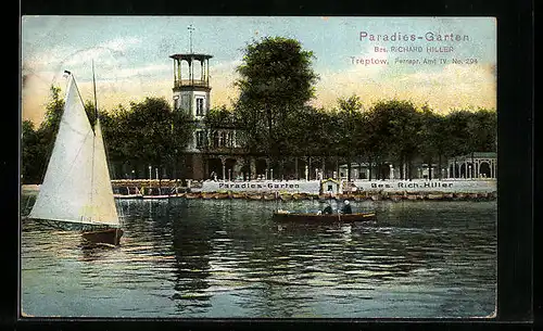 AK Berlin-Treptow, Gasthaus Paradies-Garten, Blick vom Wasser auf Boote und Ufer