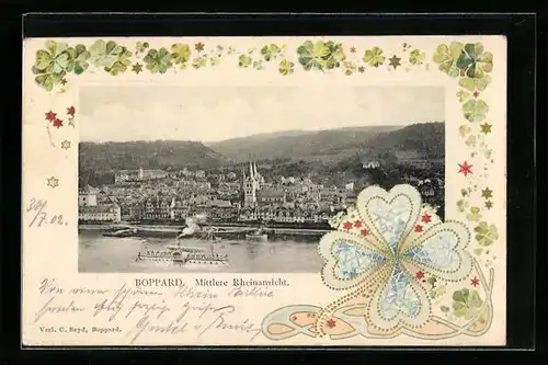 AK Boppard, Mittlere Rheinansicht m. Kleeblatt-Rahmen