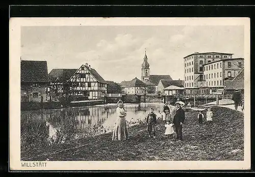 AK Willstätt, Uferpartie mit Kirche