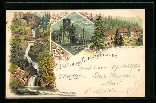 Lithographie Allerheiligen, Wasserfälle, Ruine, Hotel-Pension Mittenmaier
