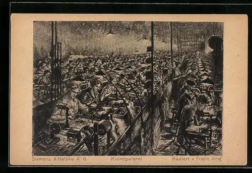 Künstler-AK Berlin-Siemensstadt, Siemens & Halske AG, Fabrikarbeiter in der Kleinspulerei