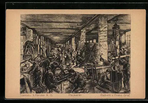 Künstler-AK Berlin-Siemensstadt, Siemens & Halske AG, Fabrikarbeiter in der Packerei