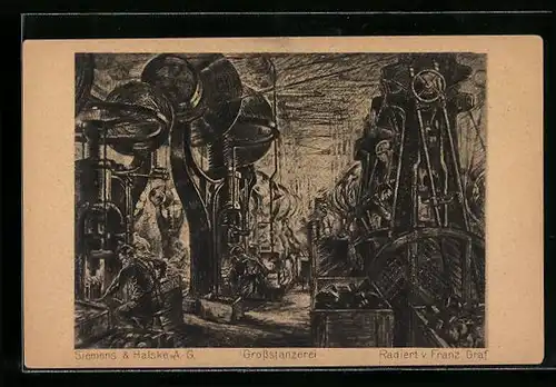 Künstler-AK Berlin-Siemensstadt, Siemens & Halske AG, Fabrikarbeiter in der Grossstanzerei